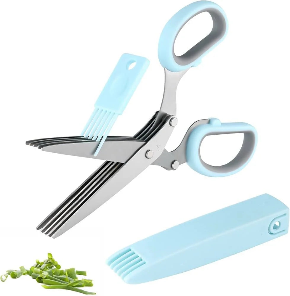 5-Blade Herb Scissors – Stainless Steel Cutter with Cleaning Comb & Cover