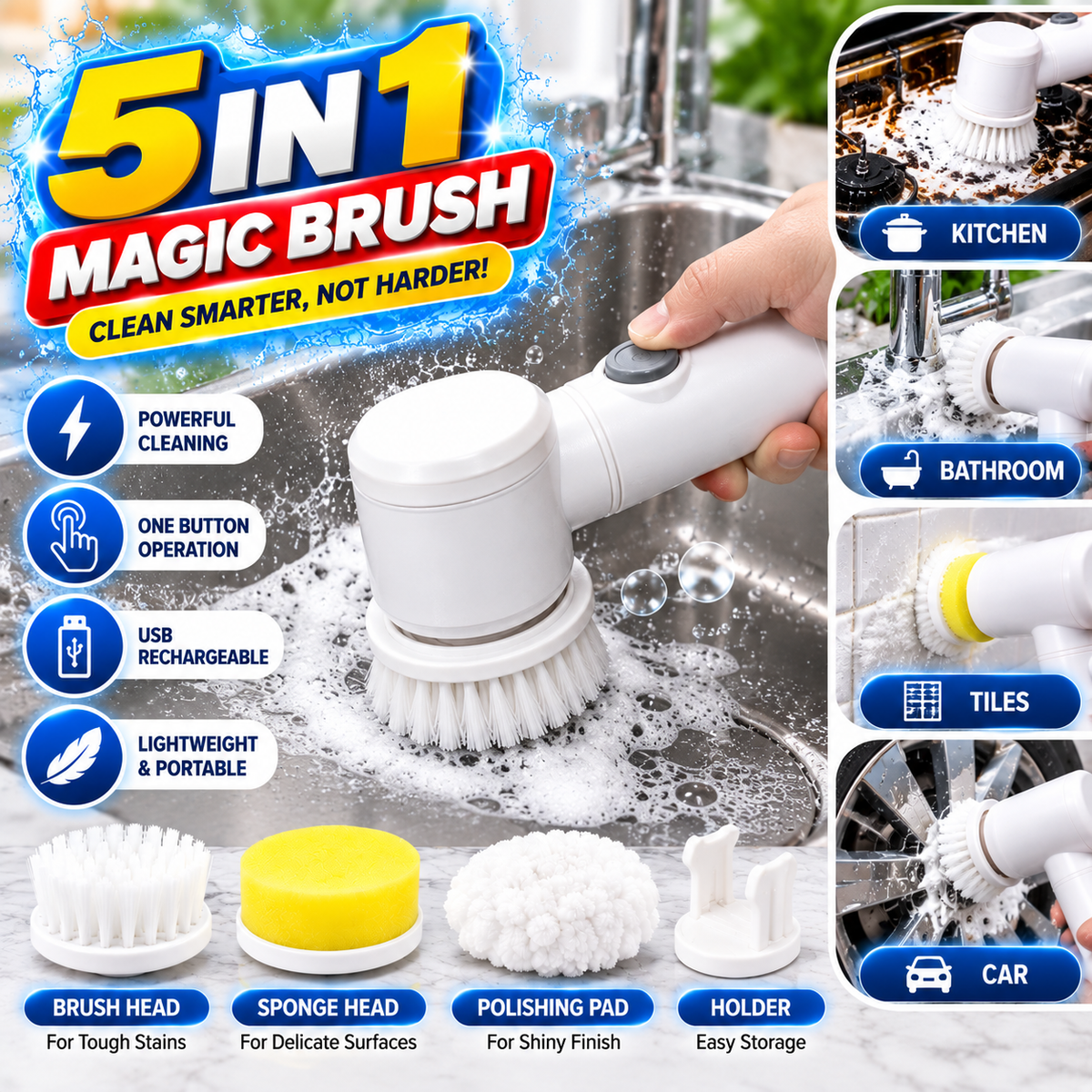 5-in-1 Electric Cleaning Brush – Cordless Handheld Kitchen & Bathroom Scrubber