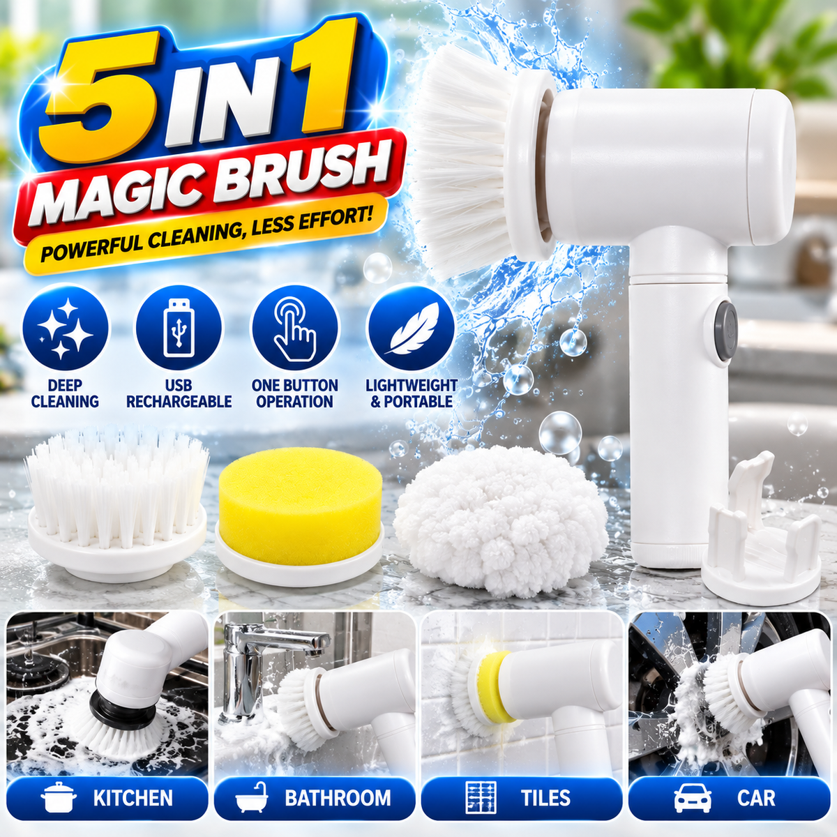 5-in-1 Electric Cleaning Brush – Cordless Handheld Kitchen & Bathroom Scrubber