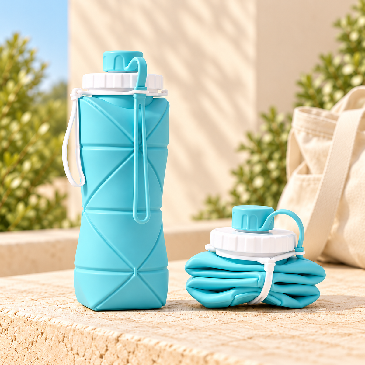 600ml Collapsible Silicone Water Bottle – Foldable Travel Bottle with Strap