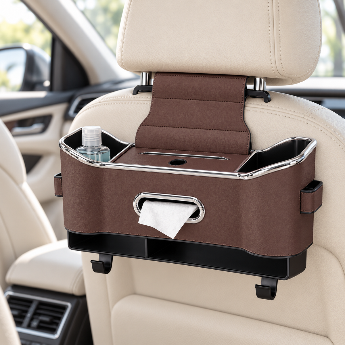 Multi-Functional Car Back Seat Organizer with Tissue Holder & Bag Hooks