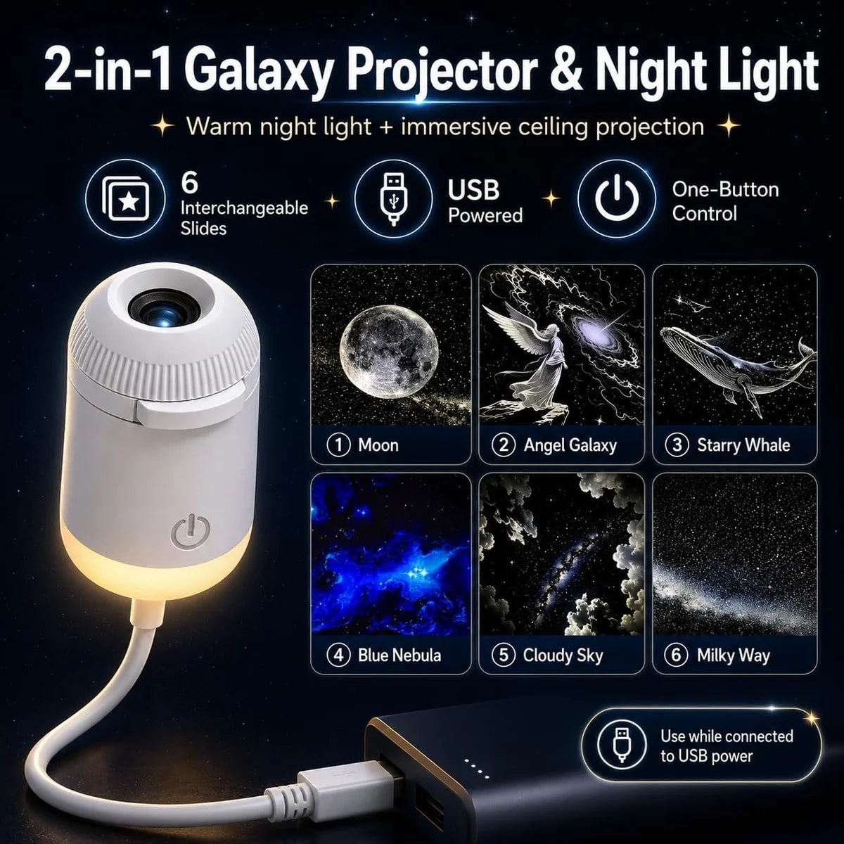 Mini USB Starry Sky Projection Lamp – Decorative Night Light with Pattern Slides