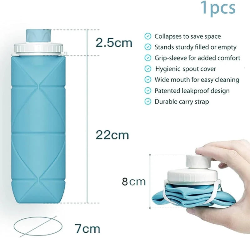 600ml Collapsible Silicone Water Bottle – Foldable Travel Bottle with Strap