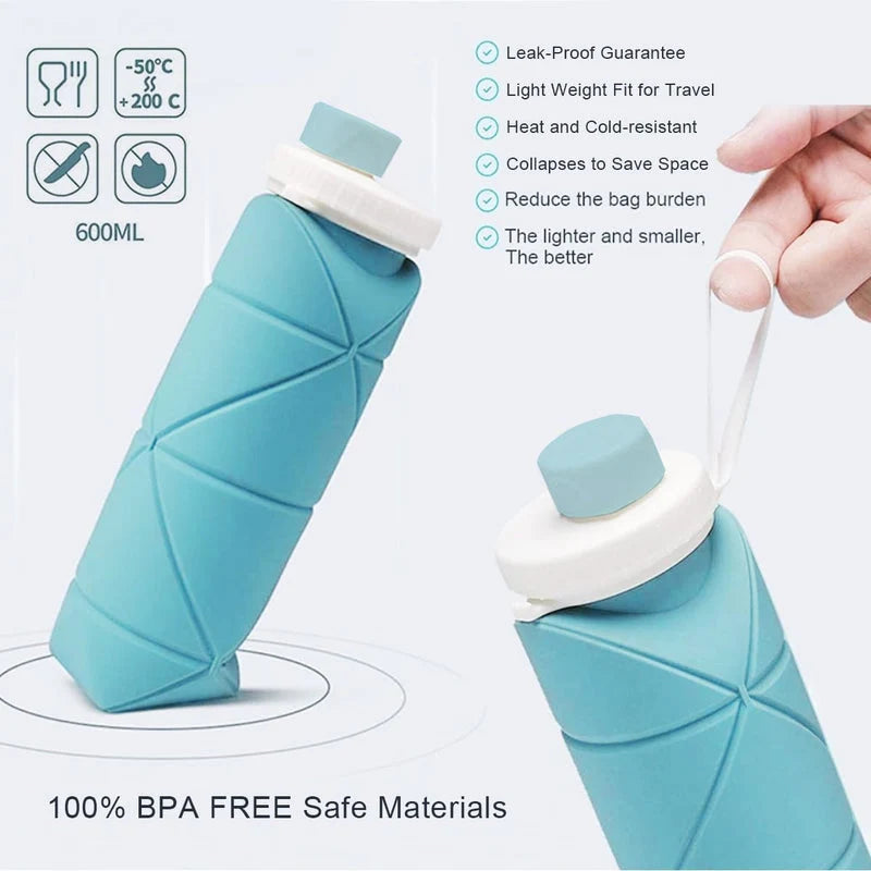 600ml Collapsible Silicone Water Bottle – Foldable Travel Bottle with Strap