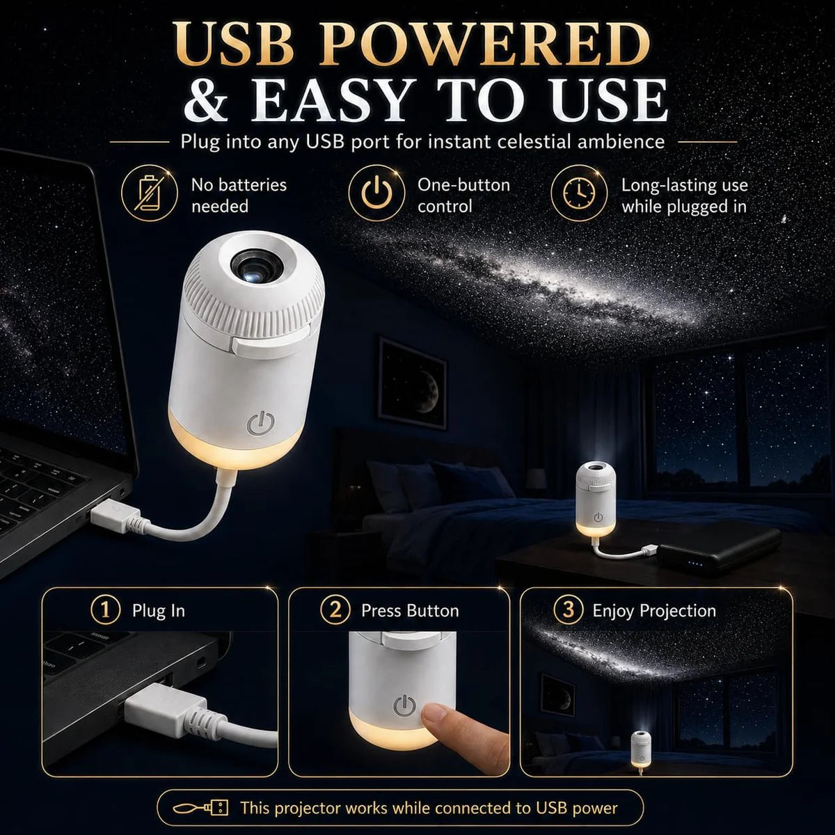Mini USB Starry Sky Projection Lamp – Decorative Night Light with Pattern Slides