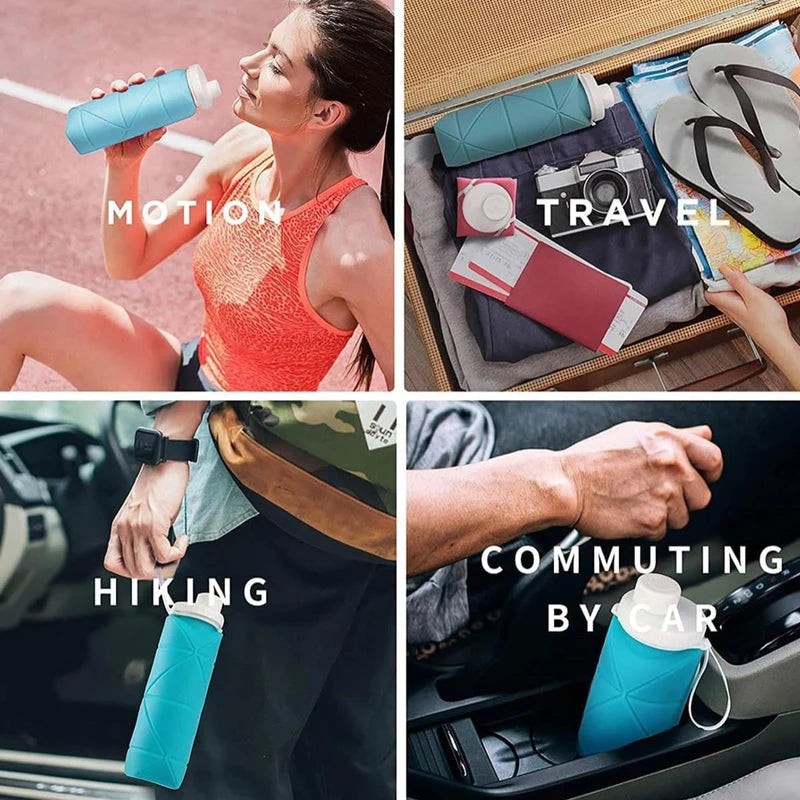 600ml Collapsible Silicone Water Bottle – Foldable Travel Bottle with Strap