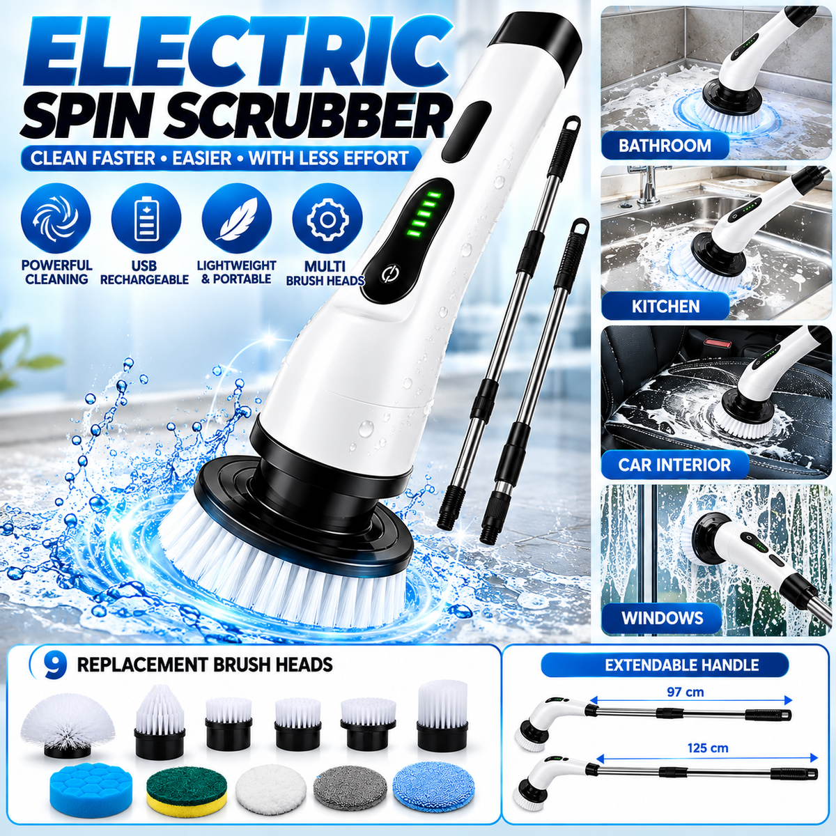 Electric Cleaning Brush – Extendable Power Scrubber with Multiple Heads