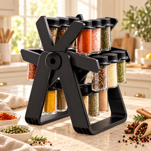 A black multi-tier spice rack with clear glass jars filled with assorted spices, set on a kitchen countertop in a bright kitchen environment.