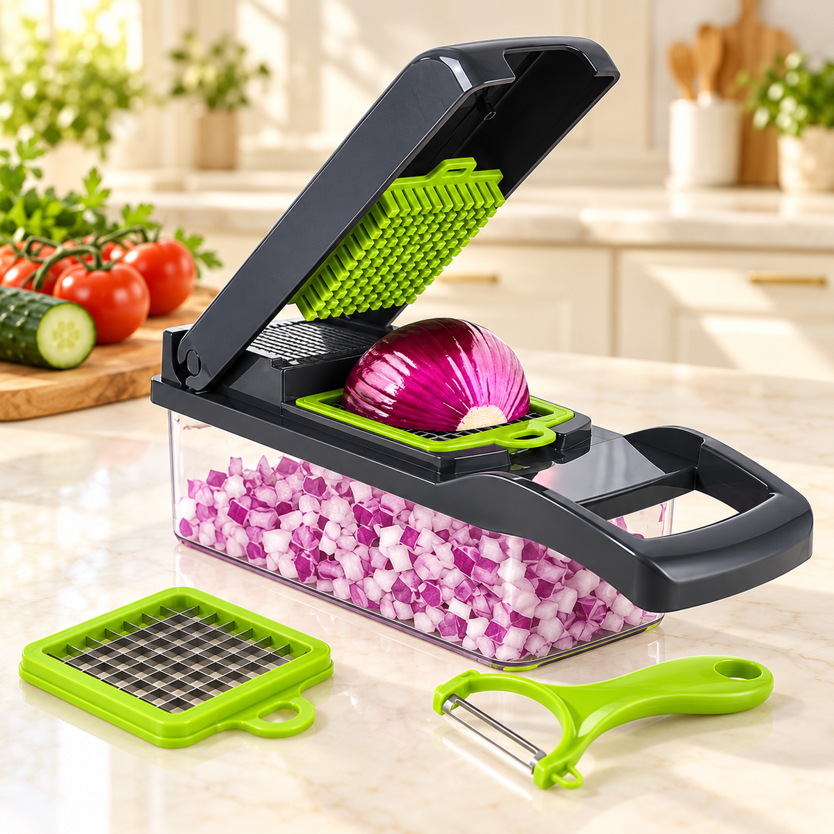 Vegetable Chopper & Slicer with Container and Interchangeable Blades