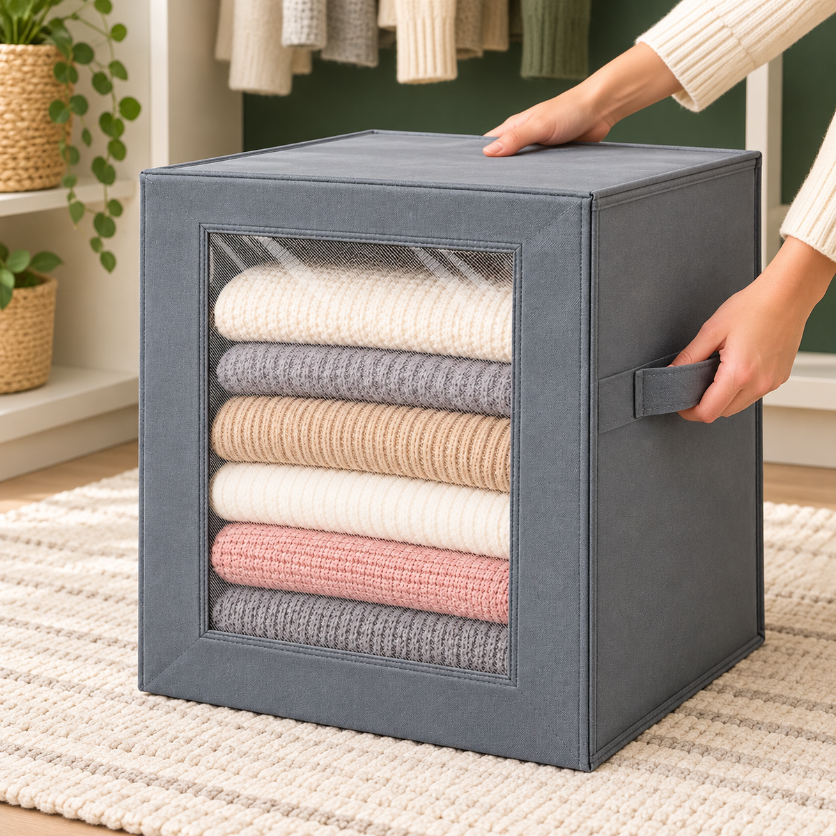 Large Stackable Fabric Storage Organizer with Lid & Clear Window