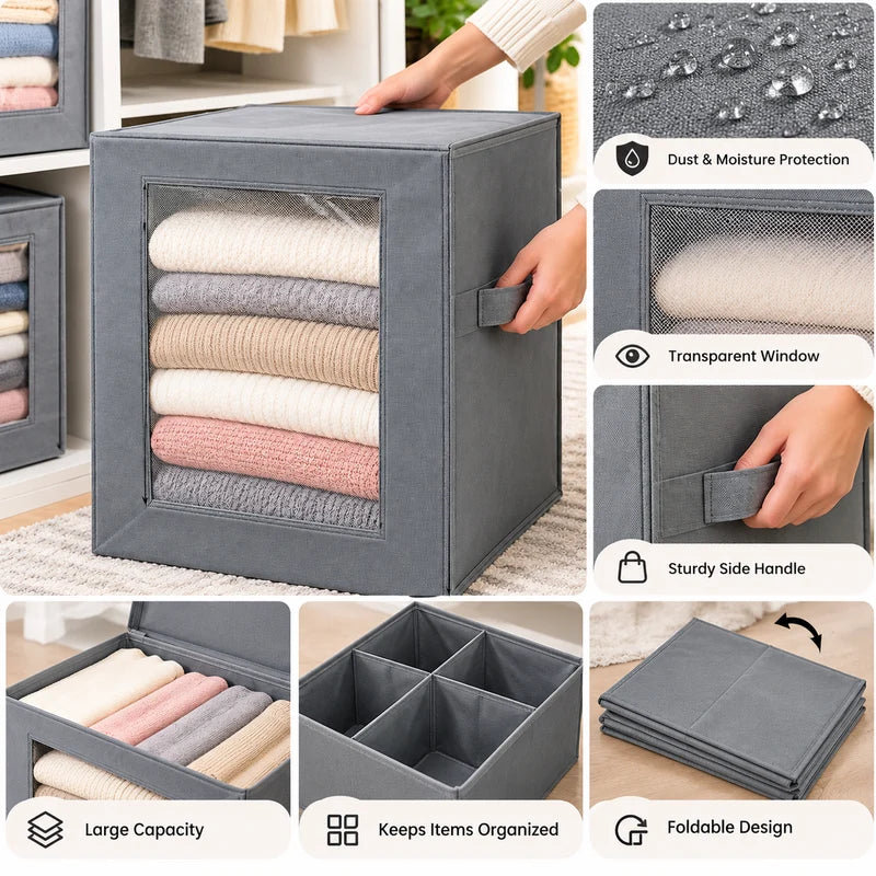Large Stackable Fabric Storage Organizer with Lid & Clear Window