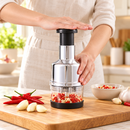 Manual Press Garlic & Vegetable Chopper – Stainless Steel Blade Cutter