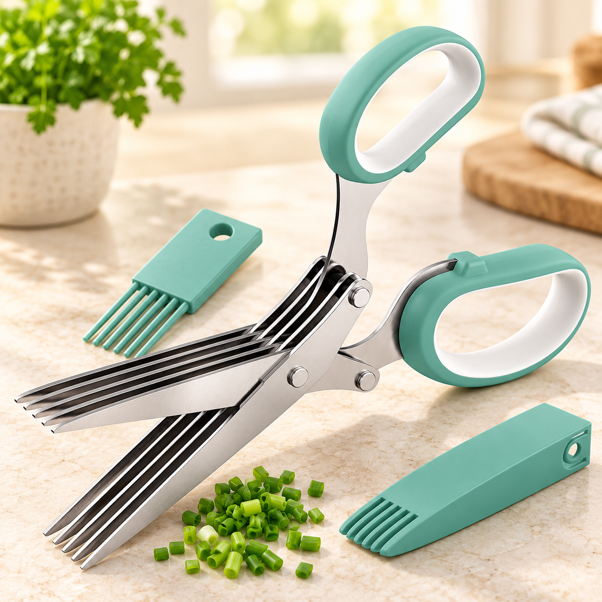 5-Blade Herb Scissors – Stainless Steel Cutter with Cleaning Comb & Cover