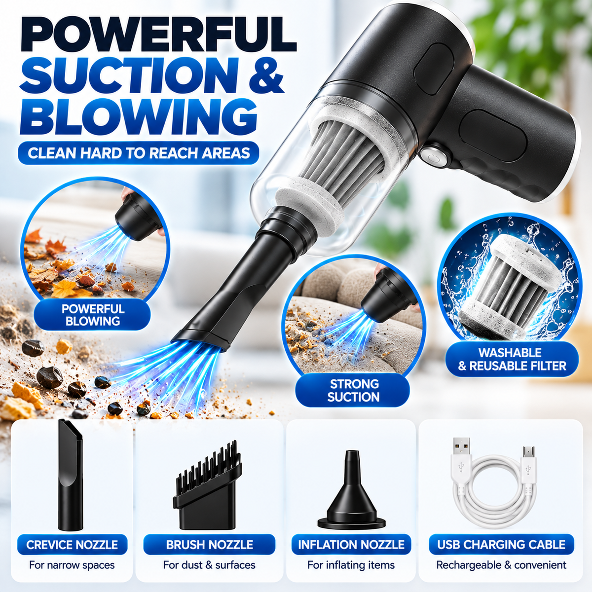 Smart Vacuum & Blower – Portable Handheld Cleaner for Car & Home