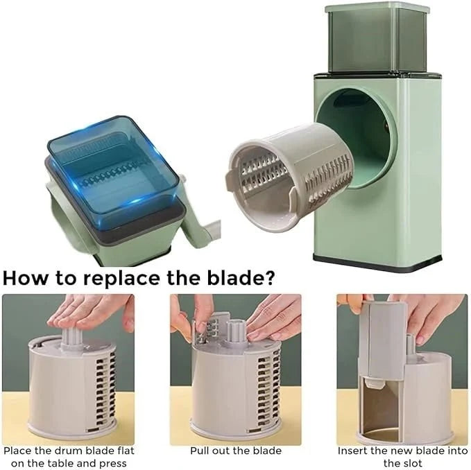 Rotary Vegetable Cutter & Cheese Grater with 3 Stainless Steel Blades
