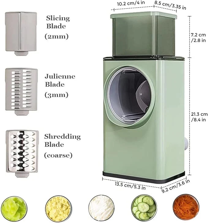 Rotary Vegetable Cutter & Cheese Grater with 3 Stainless Steel Blades