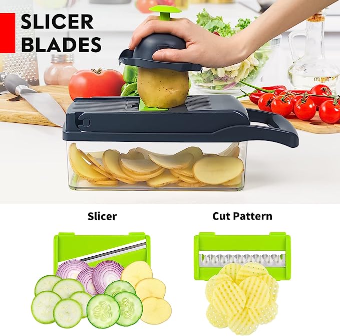 Vegetable Chopper & Slicer with Container and Interchangeable Blades