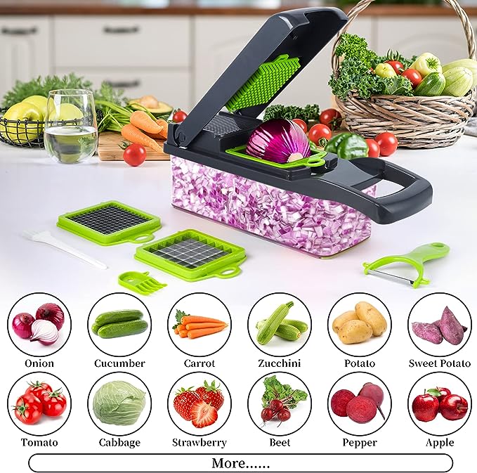 Vegetable Chopper & Slicer with Container and Interchangeable Blades